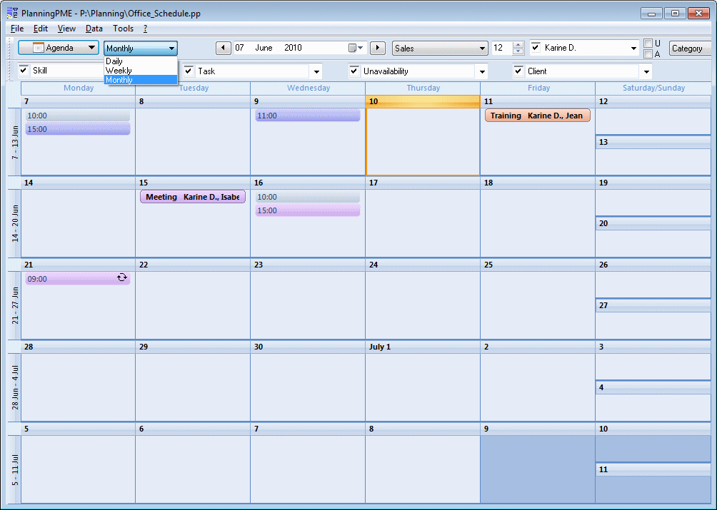 Select the Agenda calendar view in PlanningPME