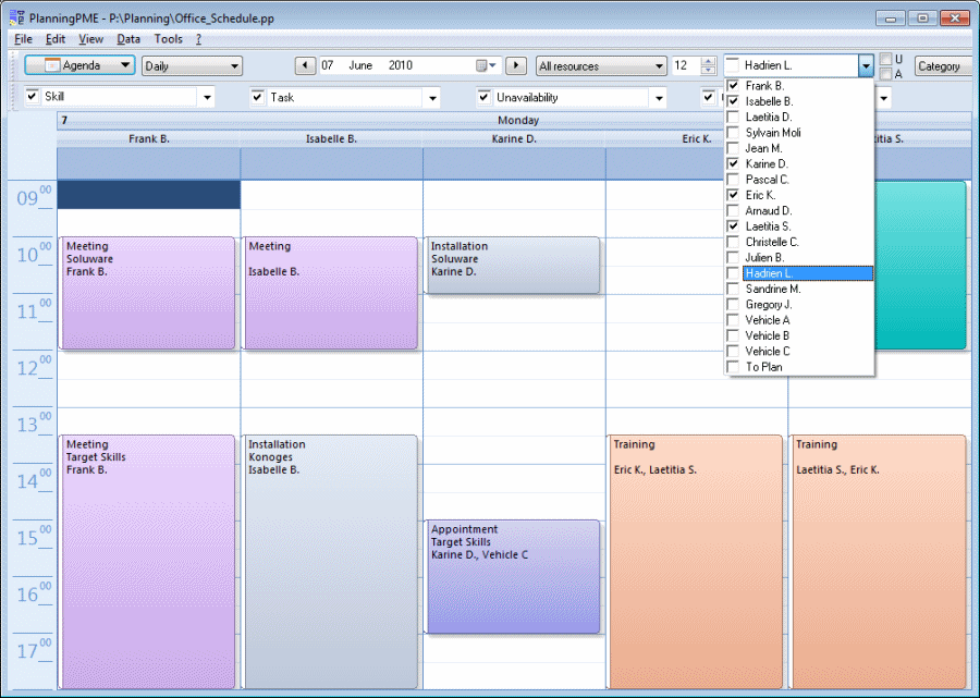 Select the Agenda calendar view in PlanningPME